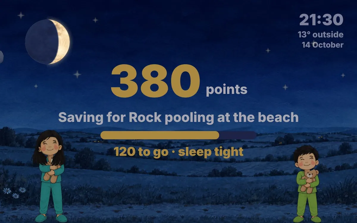 Evie and Arlo asleep in pyjamas with their teddies under tonight's moon