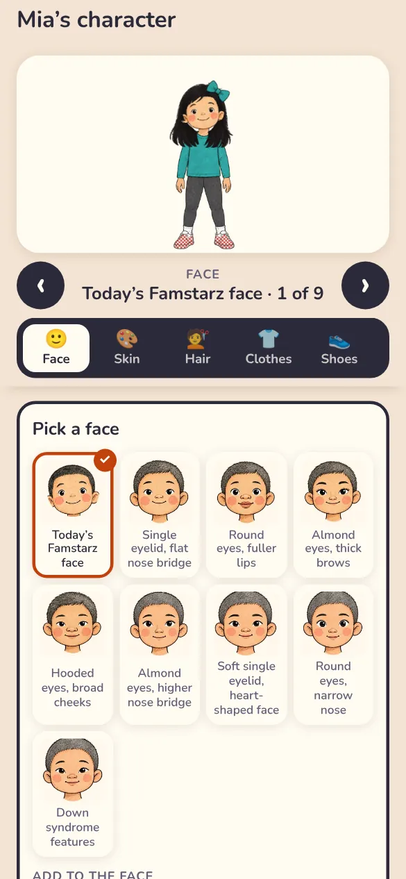 The character builder with Mia's character at the top and faces to choose from