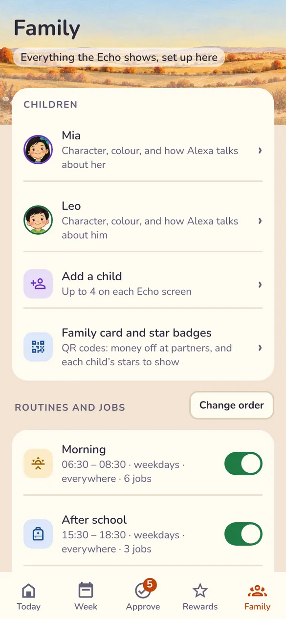 The Family screen: the children, then Routines and jobs with Morning and After school switched on