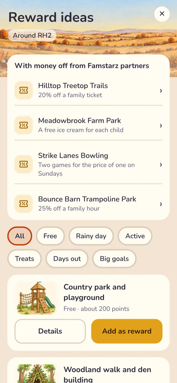 Reward ideas: money off from Famstarz partners, and free ideas like a country park