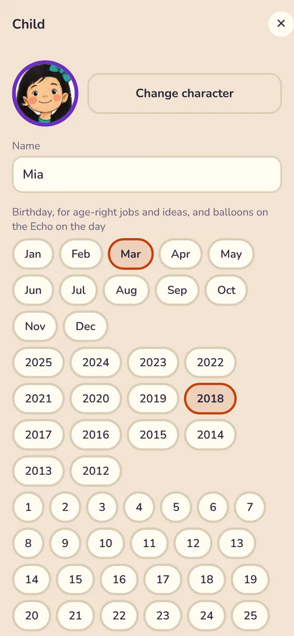 A child's page in the app, with their character, Change character, their name and their birthday