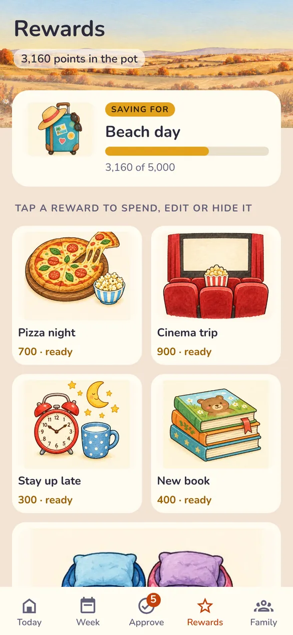 Rewards: saving for Beach day, 3,160 of 5,000 points, and reward cards like pizza night and a cinema trip