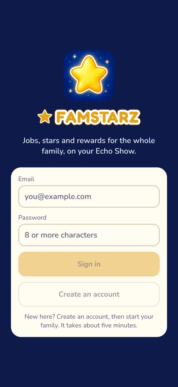 The Famstarz app's first screen: email, password, Sign in and Create an account