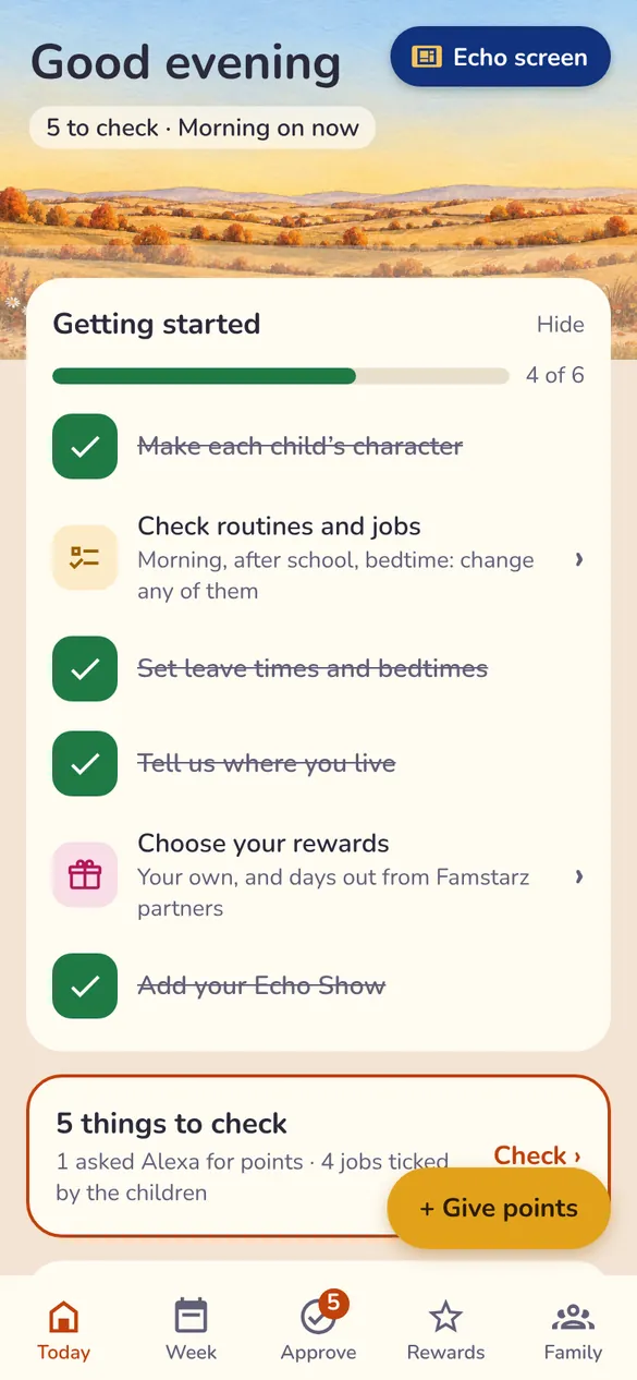 The Today screen with the Getting started list